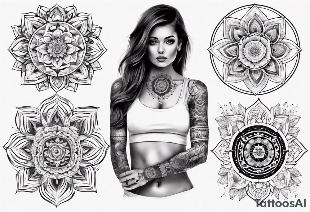 tattoo on both arms going to the chest. mixing mandalas with beautiful girls mix of geometric objects tattoo idea