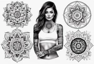 tattoo on both arms going to the chest. mixing mandalas with beautiful girls mix of geometric objects tattoo idea