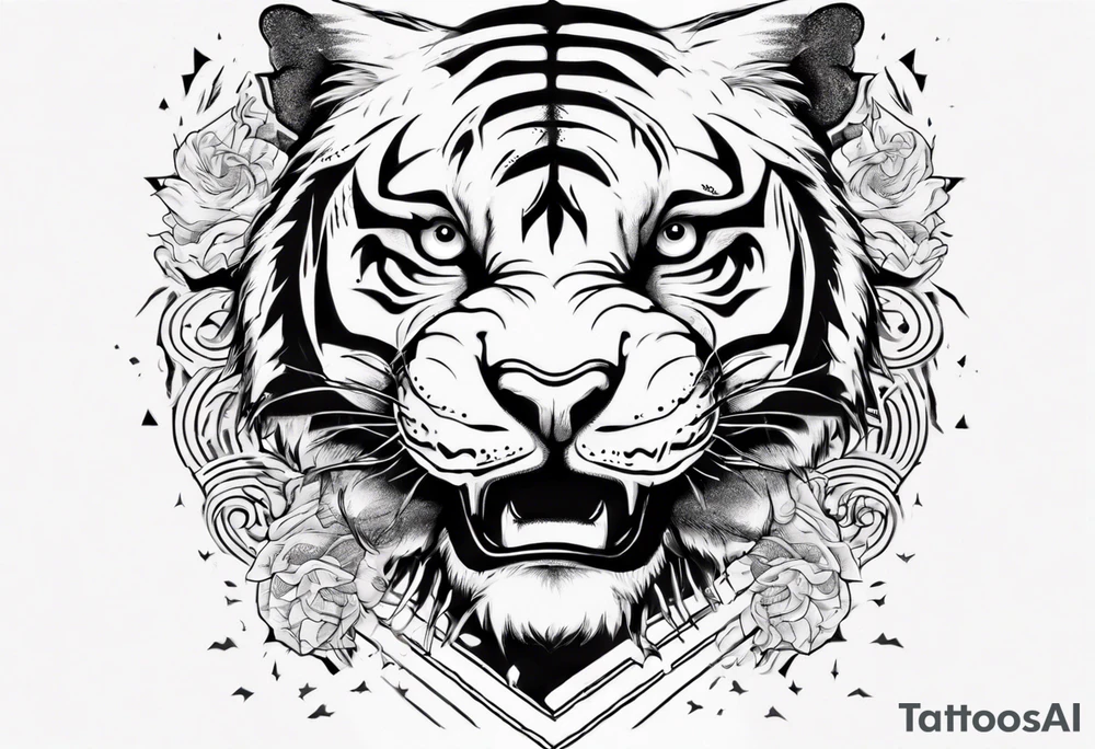 Ancient tiger with lightning and a sun for a forearm sleeve. With patterns surrounding it tattoo idea