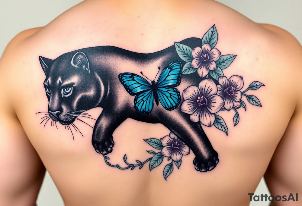 "Realistic black panther curved along ribs, Gemini constellation in eyes, monstera leaves on chest, blue morpho butterfly on orchid near collarbone, jungle vines wrapping legs – color palette: emerald, indigo, turquoise, plum – 10x7 inches" tattoo idea