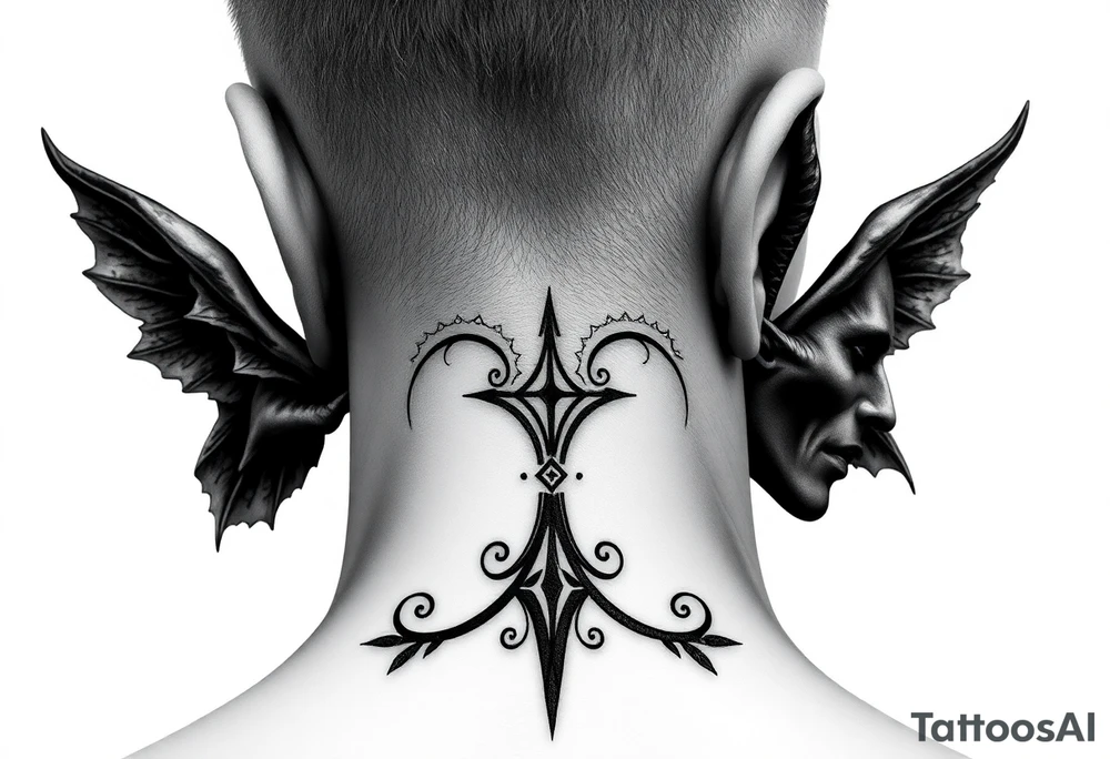 position behind the neck Angel (on the right) whispering in the right ear, demon (on the left) whispering in the left ear. It must be as realistic as possible. tattoo idea