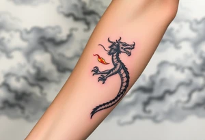 fierce dragon breathing iridescent fire against stormy skies tattoo idea