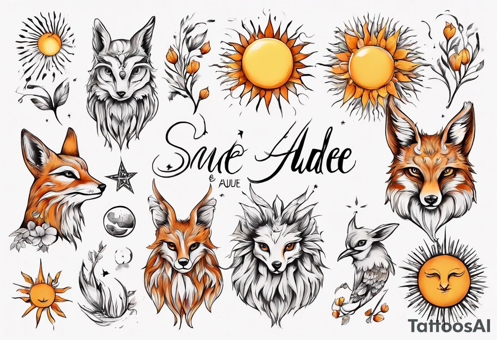 Fuchs und Eule unter der Sonne mit dem Schriftzug Sapere Aude tattoo idea