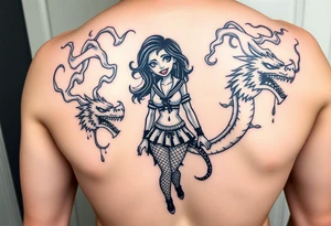 beautiful vampire woman with bloody mouth dressed in short skirt and sailors top with fishnet leggings and arms, surrounded by swirling smoke and blood that forms dragon head shapes tattoo idea