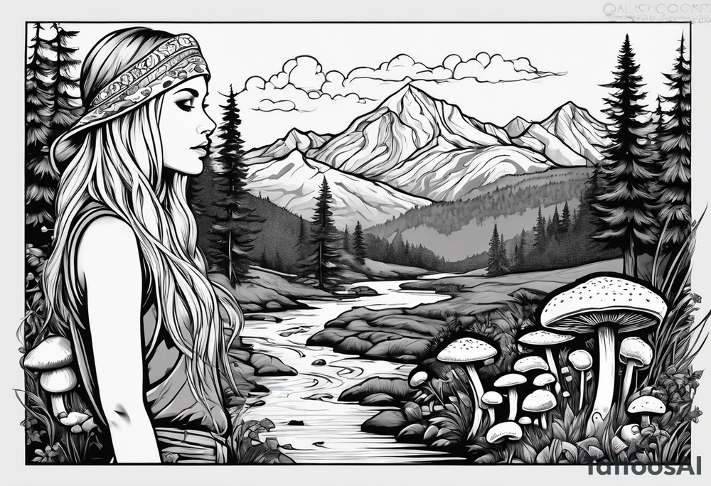 Straight long blonde hair hippie girl in distance holding mushrooms in hand facing away toward mountains and creek surrounded by mushrooms tee shirt and hiking pants tattoo idea