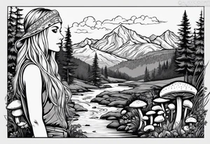 Straight long blonde hair hippie girl in distance holding mushrooms in hand facing away toward mountains and creek surrounded by mushrooms tee shirt and hiking pants tattoo idea