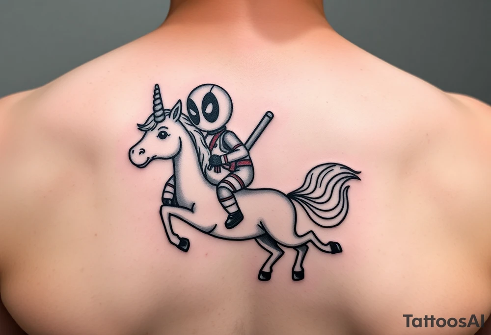Deadpool riding unicorn holding rocket tattoo idea