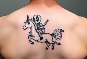 Deadpool riding unicorn holding rocket tattoo idea