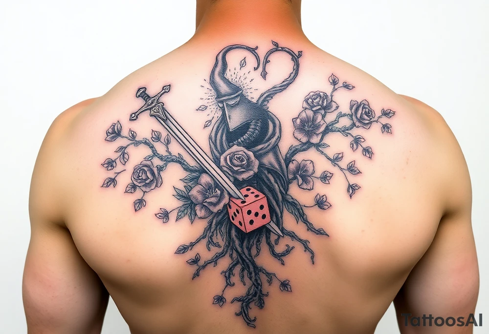 knight with sword and squid intertwined with climbing roses and tree roots with cherry blossoms rolling dice tattoo idea