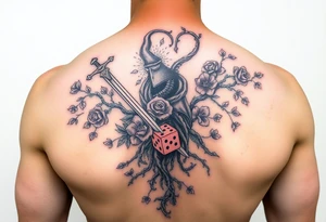 knight with sword and squid intertwined with climbing roses and tree roots with cherry blossoms rolling dice tattoo idea