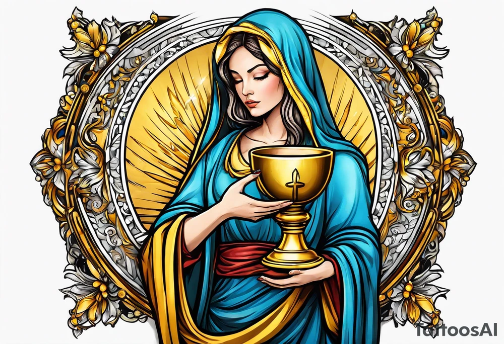 holy saint woman turned away with golden halo holding a chalice tattoo idea