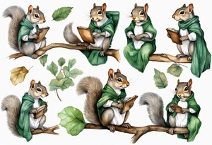 a female grey squirrel dressed in a grey and green tunic wearing a medieval messenger bag sitting on a tree branch tattoo idea