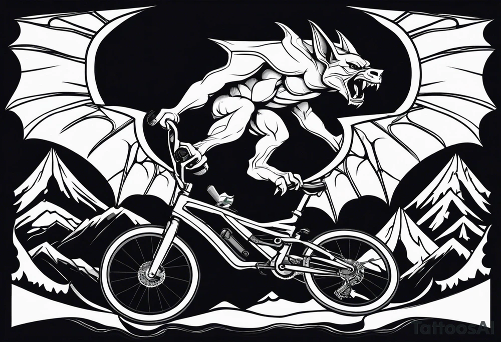 gargoyle riding a full suspension mountain bike with a shadow no background tattoo idea