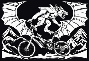 gargoyle riding a full suspension mountain bike with a shadow no background tattoo idea