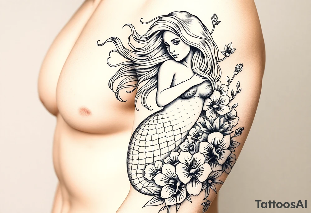 ethereal mermaid with flowing hair among coral and sea flowers tattoo idea