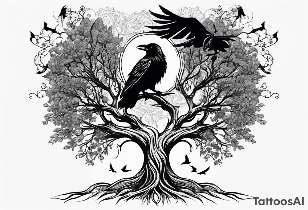 world tree with a cat and a raven and knotwork arm tattoo tattoo idea