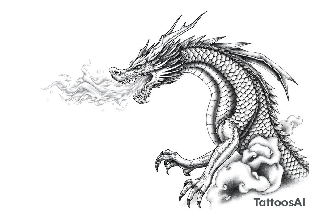 fierce dragon breathing iridescent fire against stormy skies tattoo idea