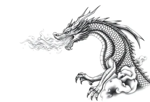fierce dragon breathing iridescent fire against stormy skies tattoo idea