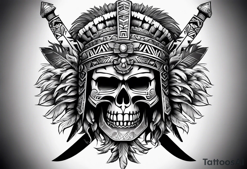 Aztec warrior skull with aztec symbols and weapons and tiger tattoo idea