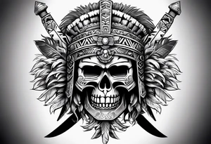 Aztec warrior skull with aztec symbols and weapons and tiger tattoo idea