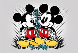 mickey mouse holding lightning with palm trees doing martial arts at the disney castle tattoo idea