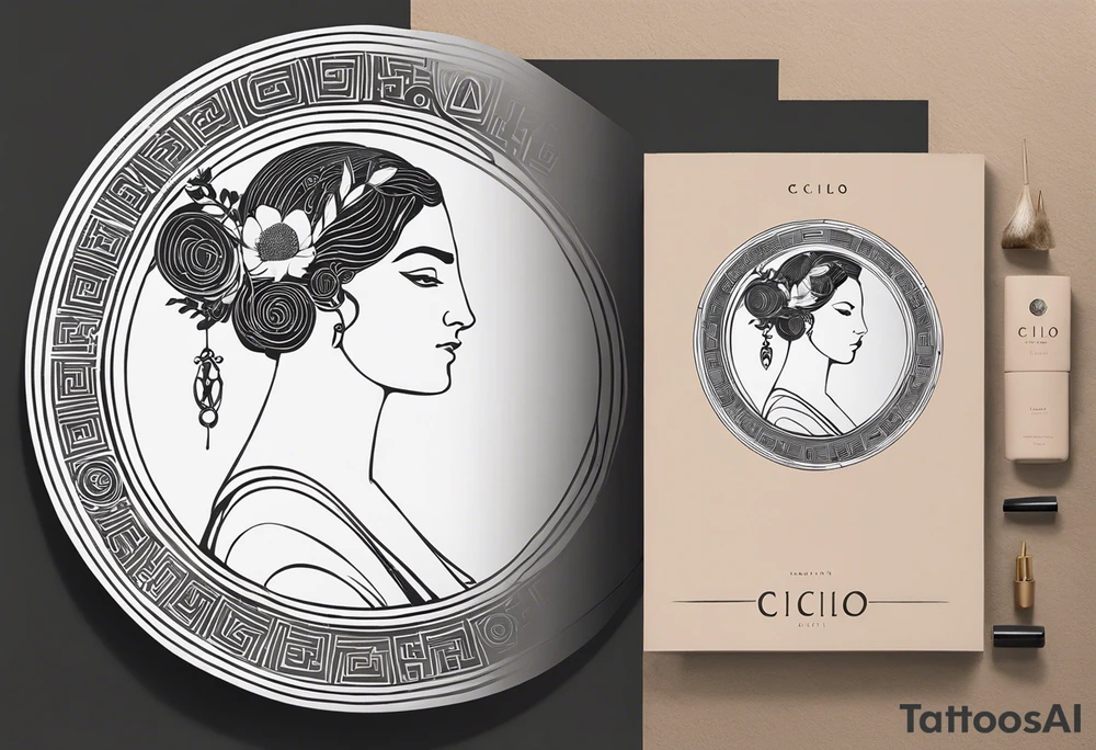 "Craft a minimalist round tattoo inspired by ancient Greek art, featuring Clio, the muse of history. Design a circular composition with Clio depicted in the center, holding a scroll. Surround her with simple yet symbolic elements such as laurel wreaths, scrolls, or geometric patterns reminiscent of ancient Greek pottery. Ensure the design maintains a minimalist style, with clean lines and limited detail, while capturing the essence of Clio's affinity for knowledge and the arts within the circular frame." tattoo idea