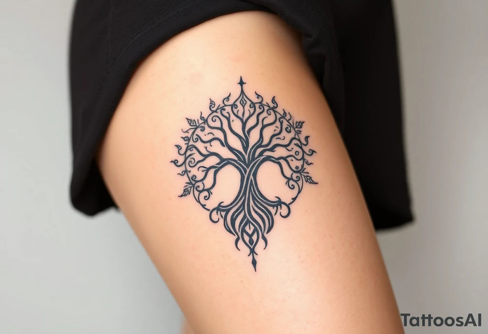 mystical tree of life with cosmic roots and celestial branches tattoo idea