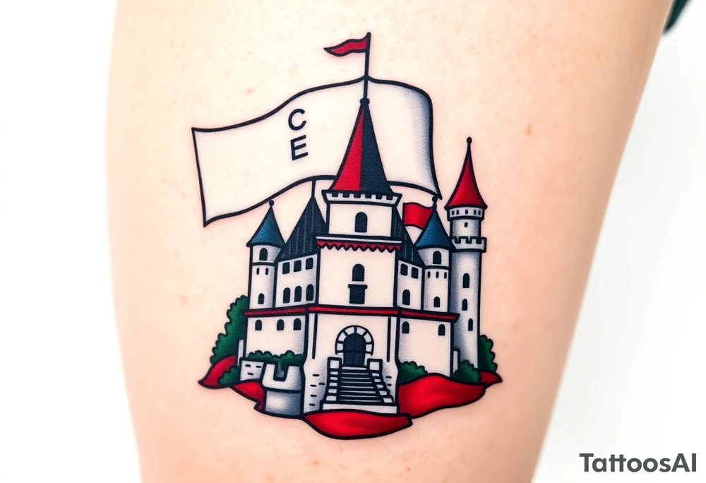 A Czech flag (blue, white up, red down) waving behind a medieval castle tattoo idea