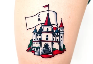 A Czech flag (blue, white up, red down) waving behind a medieval castle tattoo idea