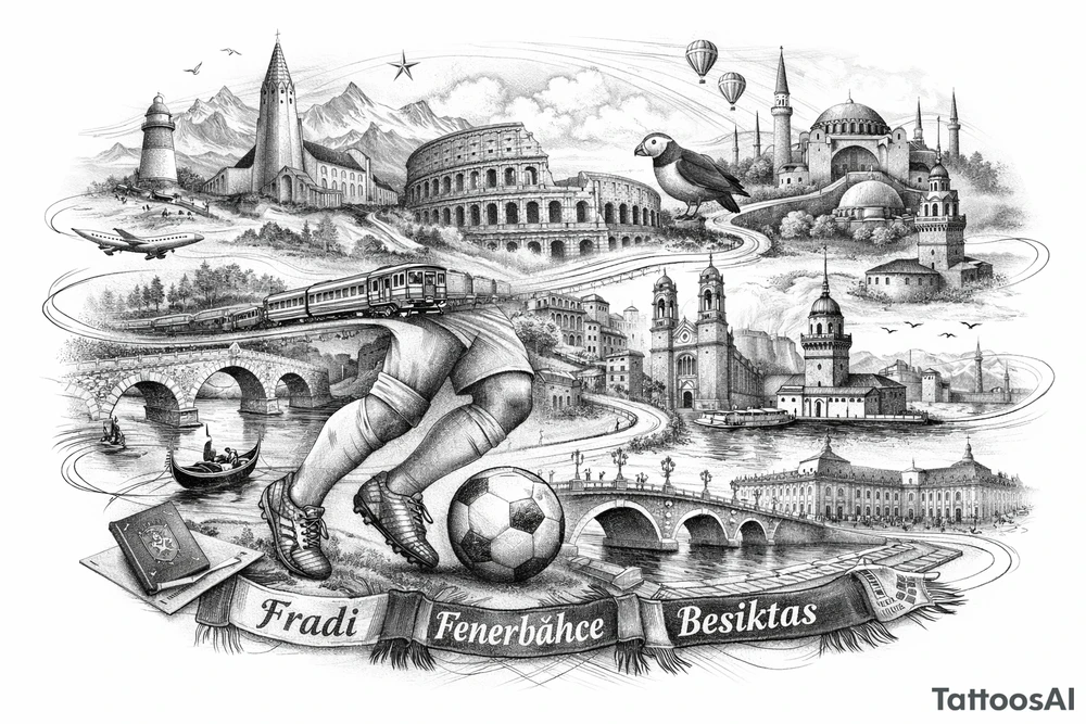 Iceland x3 (sindri, ibv, stjarnan) Italy x2 (Verona, Sassuolo) Spain (Logrono) Turkey x2 (Fenerbahce, Besiktas) Hungary (Fradi) France (Bordeaux) Something to do with football journey, Fine line surreal style want it to be unique and different so no badges tattoo idea