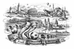 Iceland x3 (sindri, ibv, stjarnan) Italy x2 (Verona, Sassuolo) Spain (Logrono) Turkey x2 (Fenerbahce, Besiktas) Hungary (Fradi) France (Bordeaux) Something to do with football journey, Fine line surreal style want it to be unique and different so no badges tattoo idea