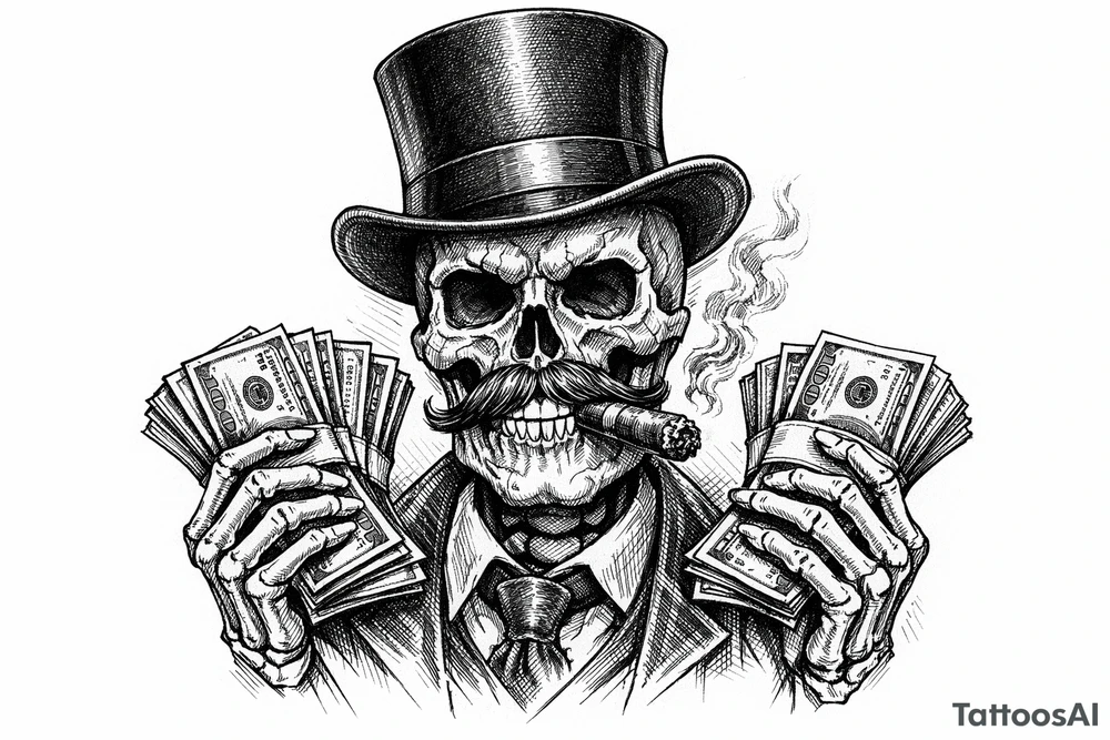 skull with mustache,top-hat,cigar in his mouth,money in both hands. tattoo idea
