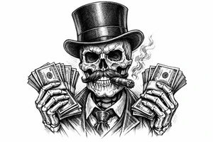 skull with mustache,top-hat,cigar in his mouth,money in both hands. tattoo idea