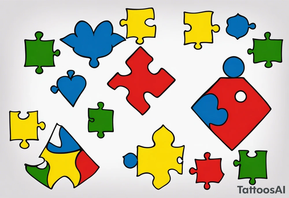 I want a tattoo with the autism puzzle pieces, using the colors blue, yellow, green and red, in the shape of a heart. tattoo idea