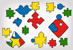 I want a tattoo with the autism puzzle pieces, using the colors blue, yellow, green and red, in the shape of a heart. tattoo idea