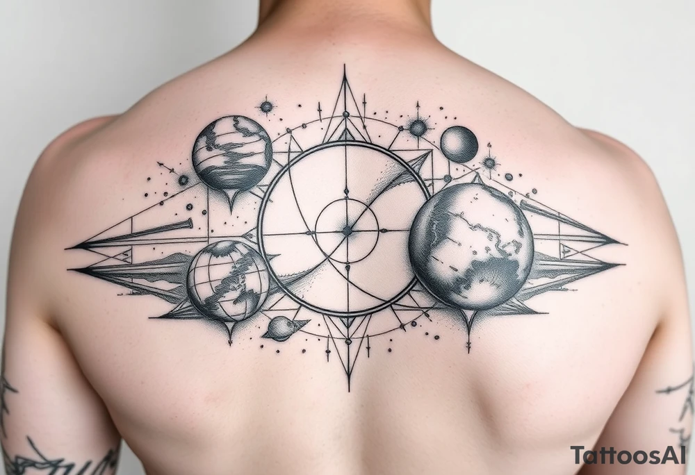 Lower arm sleeve, outer space, planets, geometric patterns, string theory tattoo idea