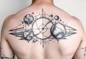 Lower arm sleeve, outer space, planets, geometric patterns, string theory tattoo idea