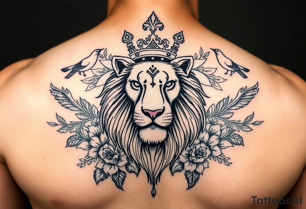 powerful majestic lion with a crown, surrounded by floral ornaments and birds tattoo idea