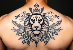 powerful majestic lion with a crown, surrounded by floral ornaments and birds tattoo idea