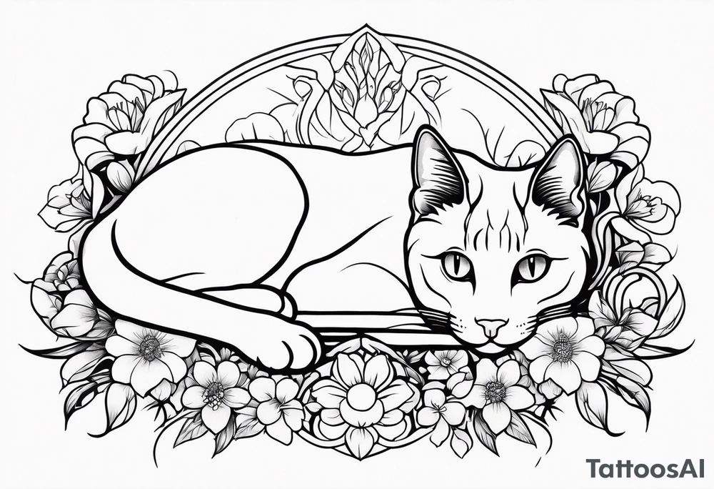Art nouveau forearm tattoo of cat laying in flowers. tattoo idea