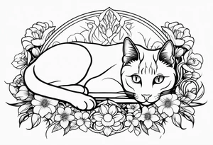 Art nouveau forearm tattoo of cat laying in flowers. tattoo idea