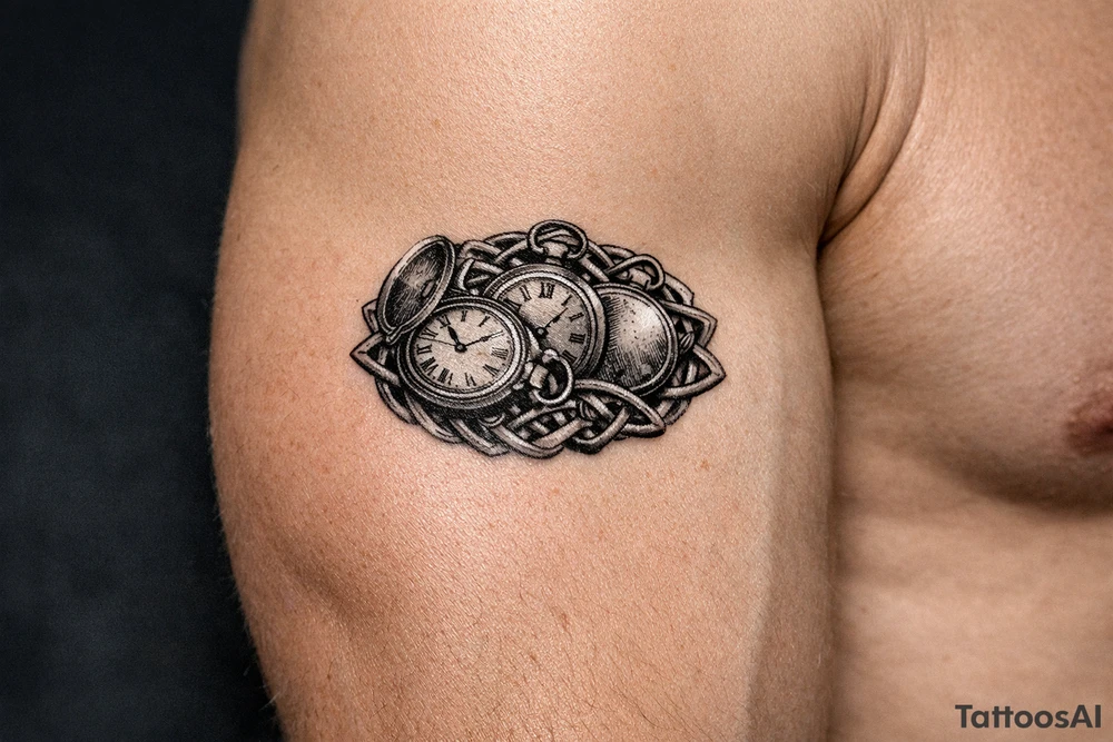 Cluster of vintage pocket watches, some open, some closed, woven with Celtic braids. tattoo idea