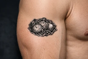 Cluster of vintage pocket watches, some open, some closed, woven with Celtic braids. tattoo idea
