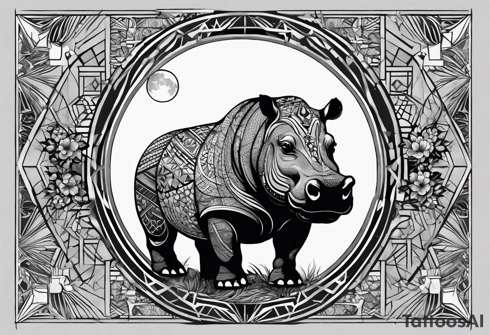 Very asymmetrical, +geometric pattern, with realistic full moon, with hippo at side look, +tribal, +geometric, +inkart , +blackwork, +grey scale, + sketch
with wintersweet flower bud, +inkart touch, tattoo idea
