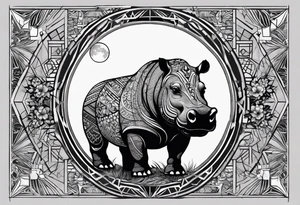 Very asymmetrical, +geometric pattern, with realistic full moon, with hippo at side look, +tribal, +geometric, +inkart , +blackwork, +grey scale, + sketch
with wintersweet flower bud, +inkart touch, tattoo idea