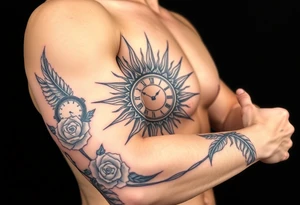 sun with rays feathers with a clock on elbows with roses tattoo idea