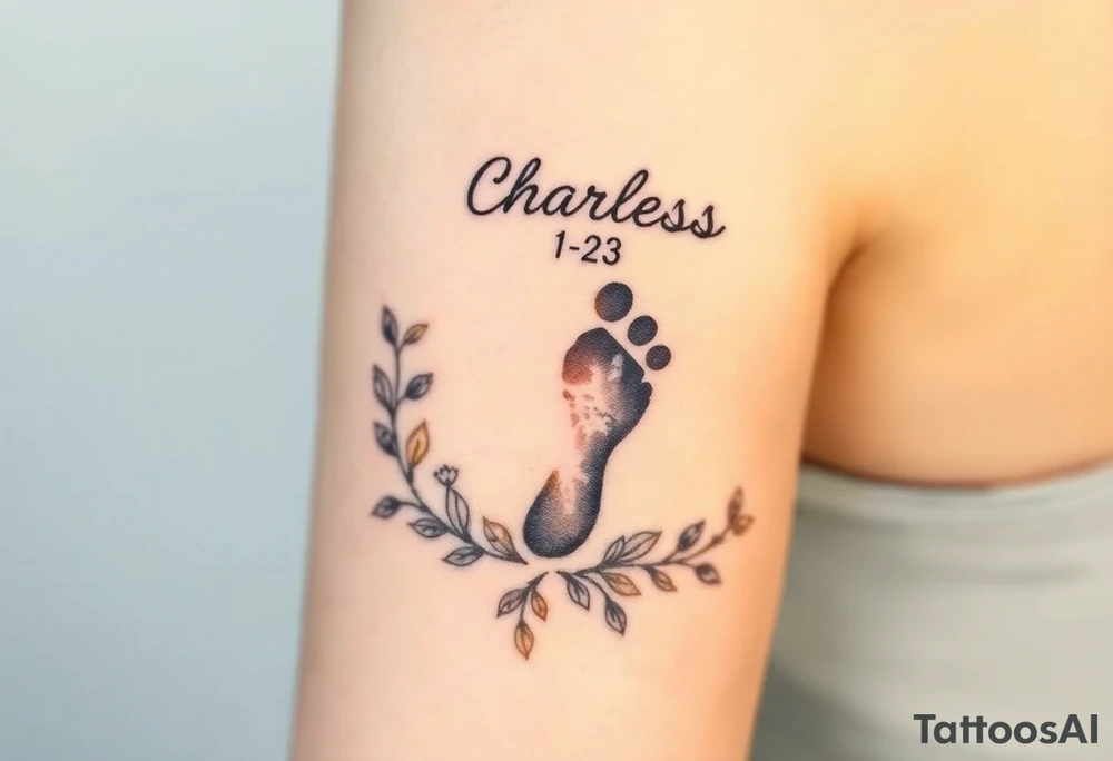 baby footprint print with the name Charles above it, the date 1-14-23 below it and surrounded by floral vines on a forearm tattoo idea