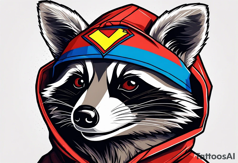 Raccoon wearing a Superman hoodie tattoo idea