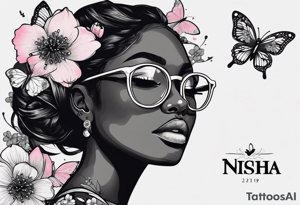 Black dark-skinned Female with glasses with butterflies and sakura blossoms around her with the lettering " Nisha " Underneath lettering "Nisha" Underneath. tattoo idea