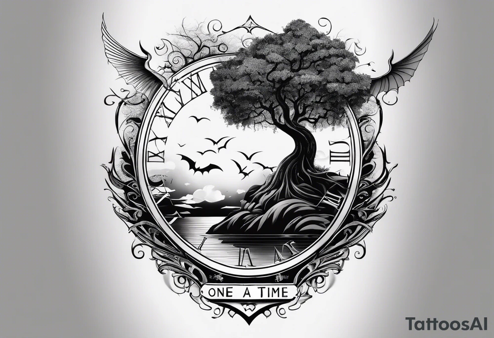 in vertical line, there is a tree with the roots like stairs, where a dragon is coming up, as well somewhere there are some wings, and the words "One day at a time" with the date 4.14.24 tattoo idea